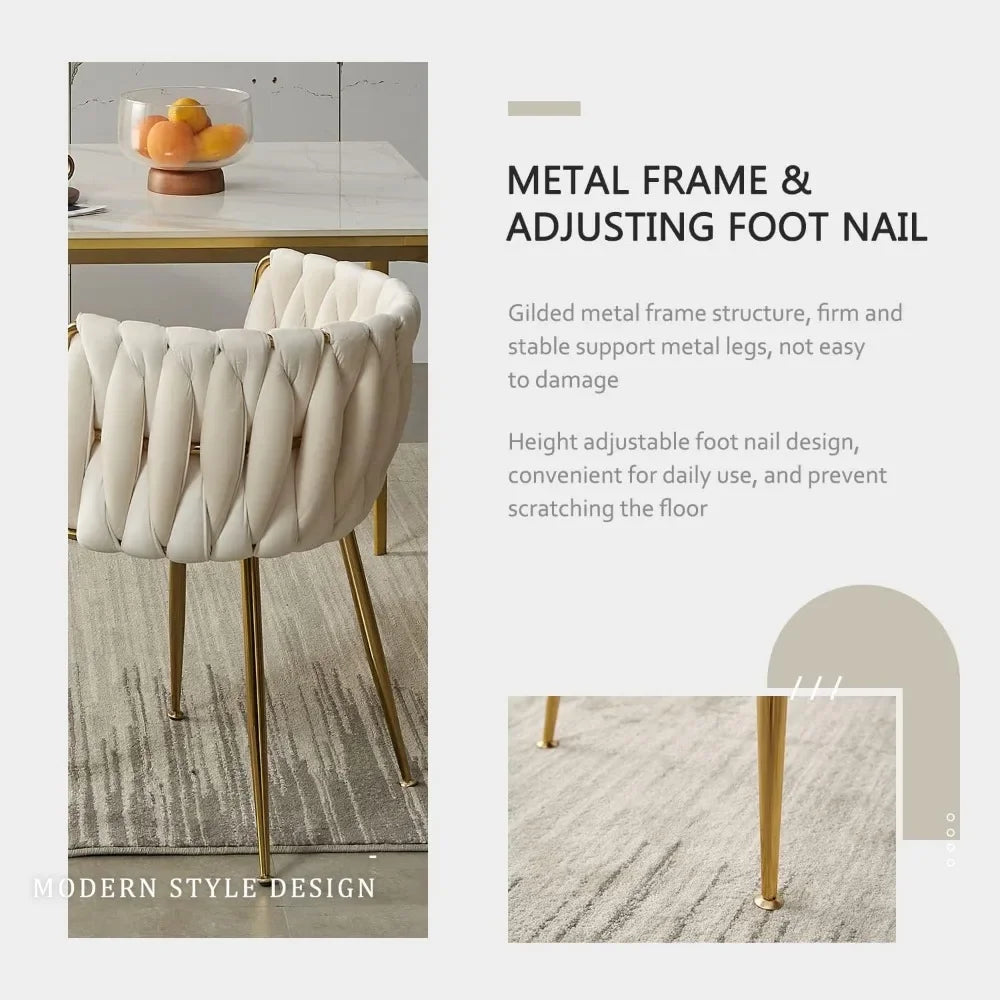 ,Woven Upholstered Chairs Dining Room,Kitchen，Velvet Dining Chairs Set of 6,Modern Dining Chair with Golden Metal Legs