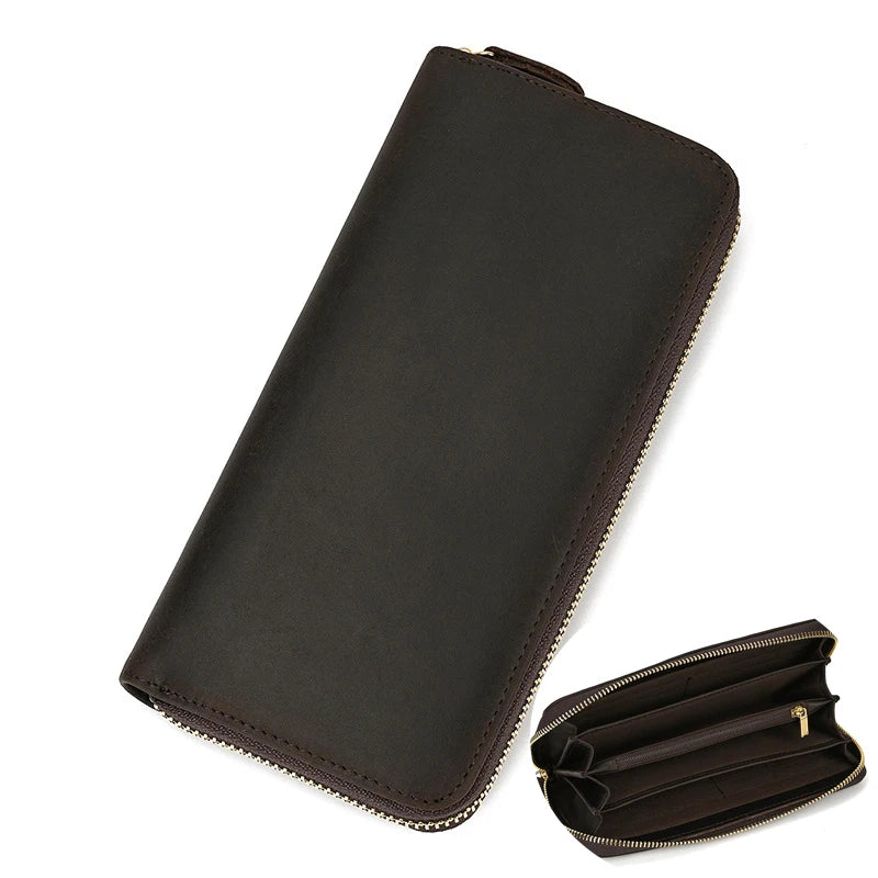 Luxury Double Zipper Women Men Long Wallet Vintage Leather Male Clutch Purse Man Phone Card Coin 100% Genuine Leather Men Wallet