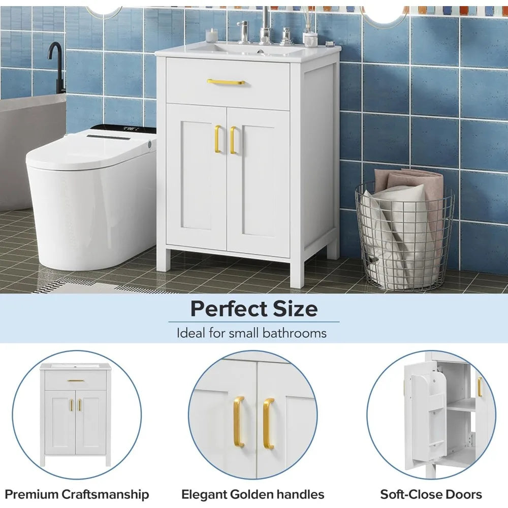 24 LUMISOL Solid Wood Bathroom Vanity Set with Sink, Soft-Close Door, Tip-Out Drawer, and Storage Racks