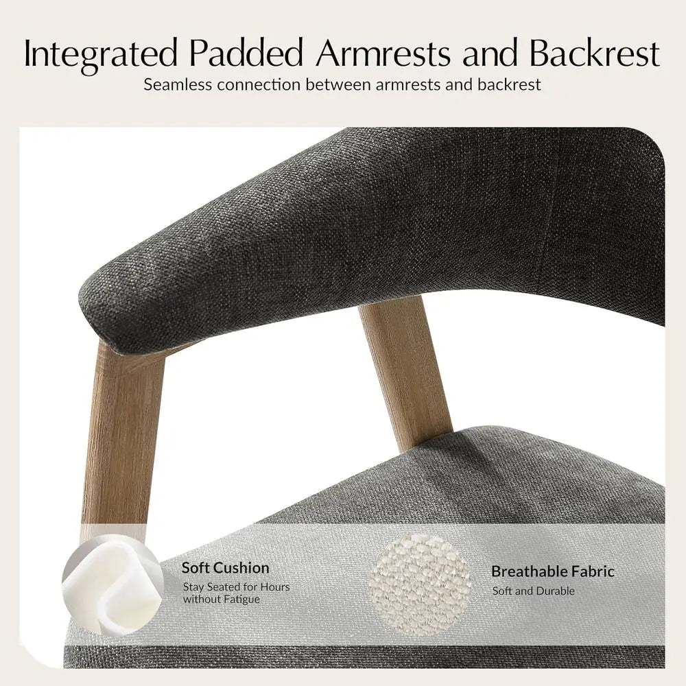 Mid-Century Modern Upholstered Dining Chairs Set of 2, Gray, with Armrests, Curved Backrest & Solid Wood Legs, Suitable for Kitc