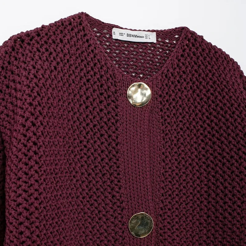 CLAZZAA Women Fashion With Pockets Solid Single Breasted Knitted Sweater Vintage O-Neck Long Sleeves Female Chic Lady Outfits