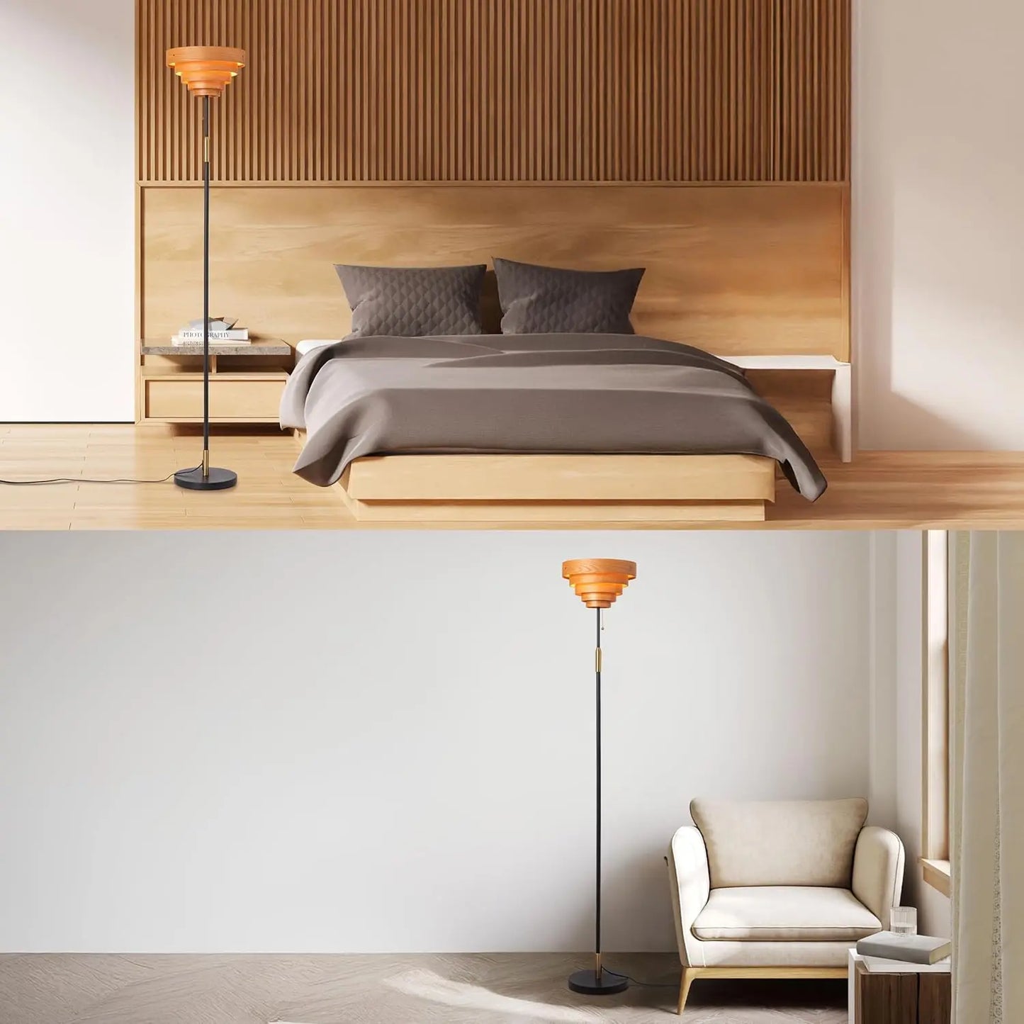 Cascade Floor Lamp, Modern Wooden Shade, E26, Pull Chain, Metal Base, Black – For Living Room, Bedroom, Office