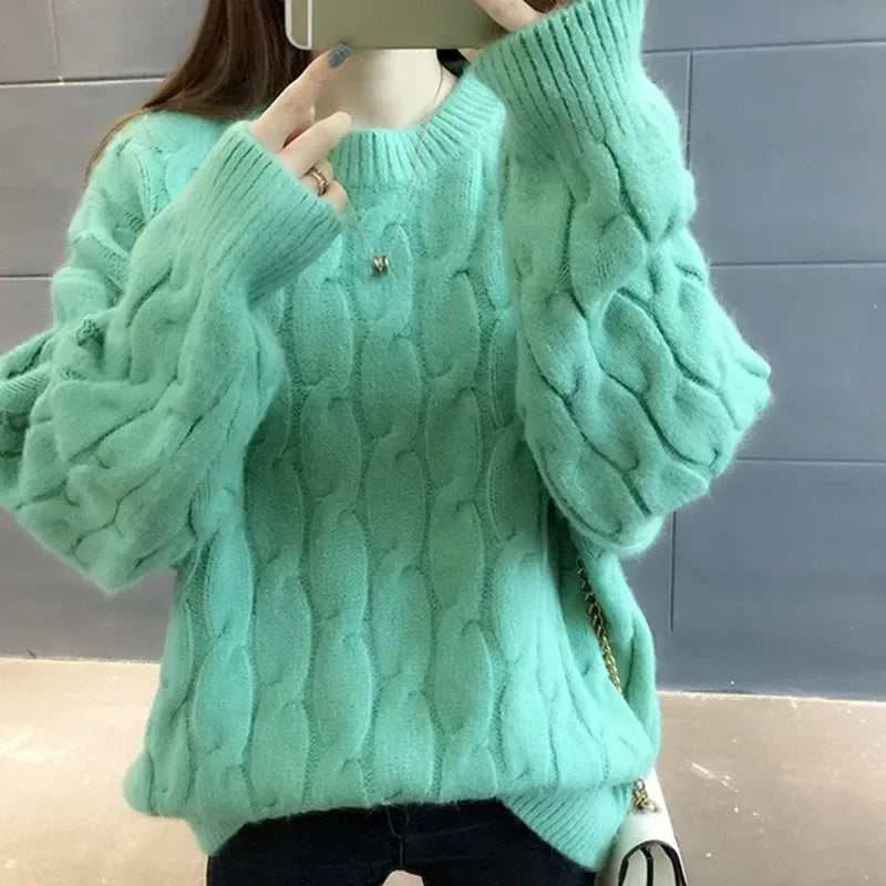 2024 New Harajuku Style Sweater Jacket Women's Sweet Fresh Medium-Length Thickened Winter Loose-Fit Korean Version Round Neck Au