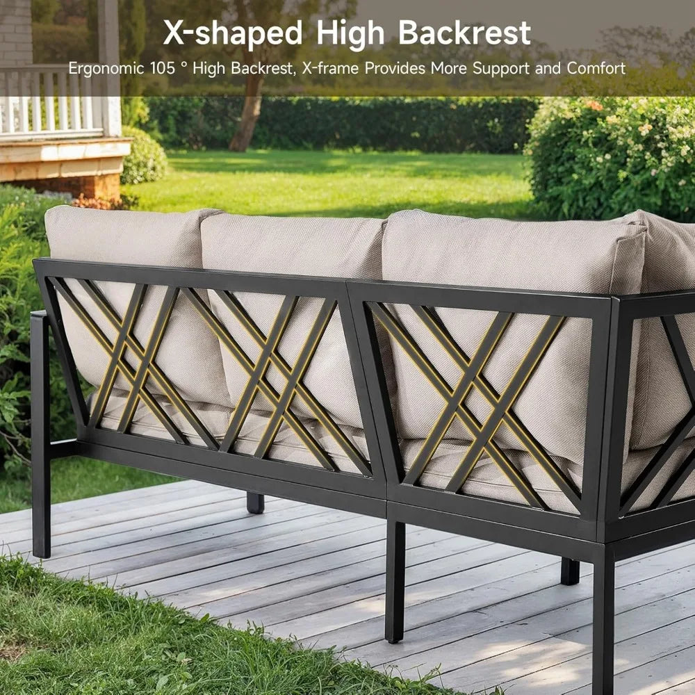 patio furniture set, 6-piece metal sectional furniture sofa with coffee table, l shaped outdoor couch with olefin cushion, highb