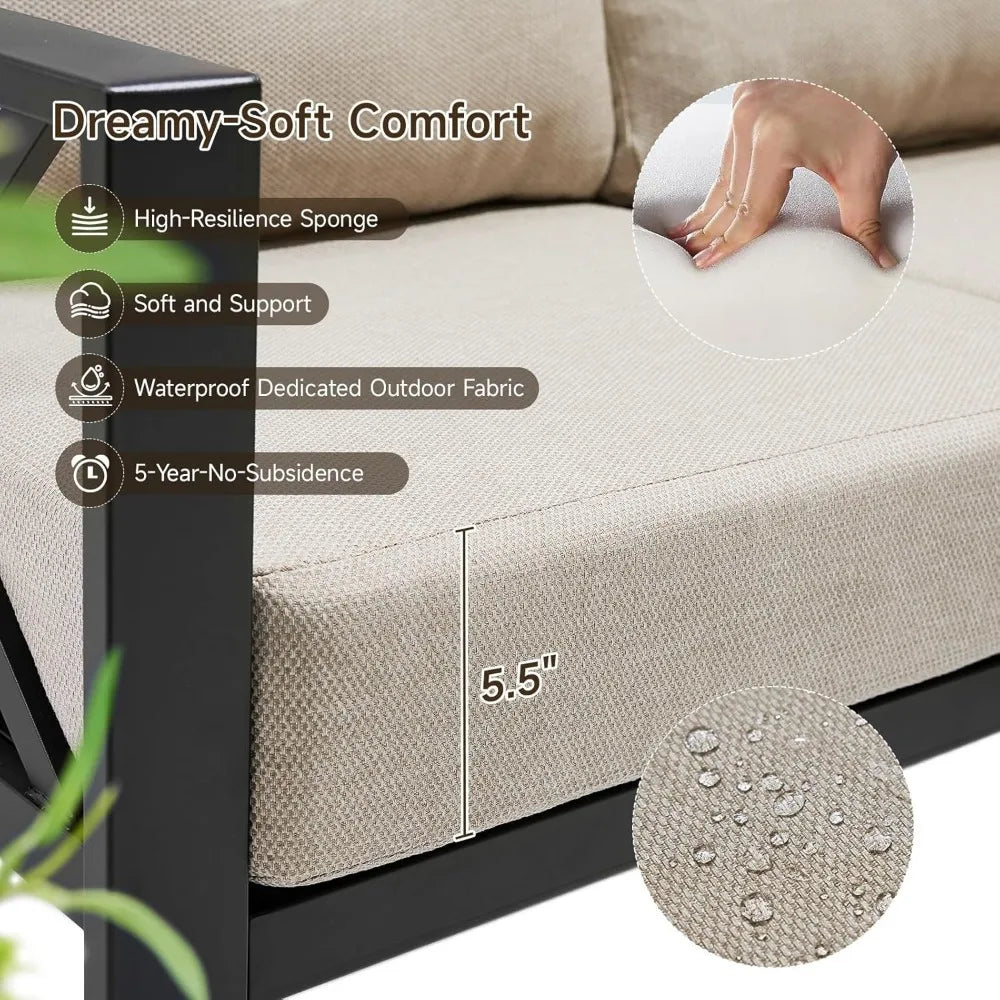 patio furniture set, 6-piece metal sectional furniture sofa with coffee table, l shaped outdoor couch with olefin cushion, highb