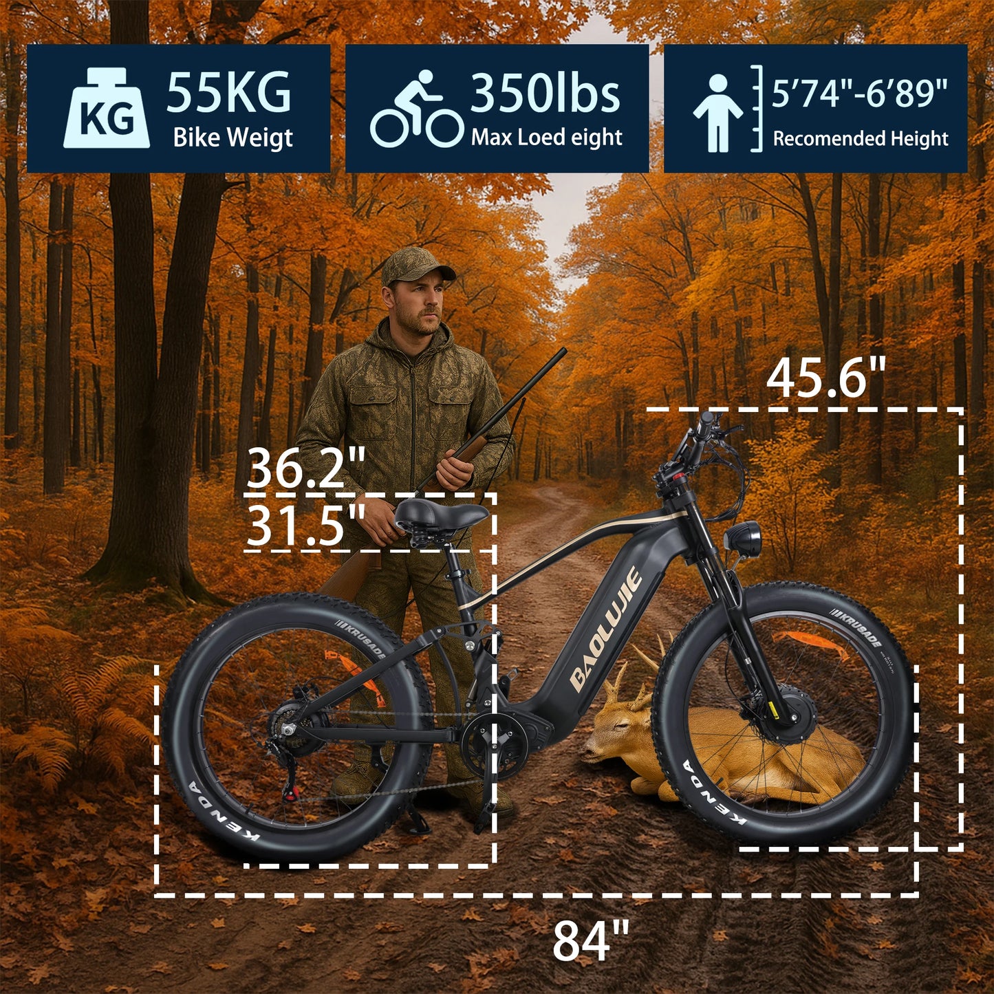 BAOLUJIE P2 3000W Ebike Mountain E-bike 52V 23AH Electric Bicycle 55KM/H Electric Bike for Adults Off-road【1 Year Warranty】