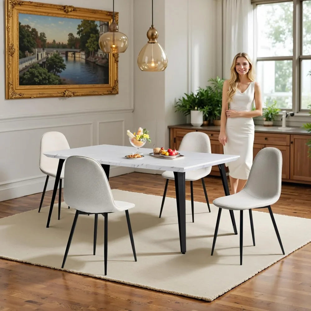 Mid-Century Modern 5-Piece Dining Set - Rectangular Table with 4 Fabric Chairs, Metal Frame, Durable PE Material for Stylish Din