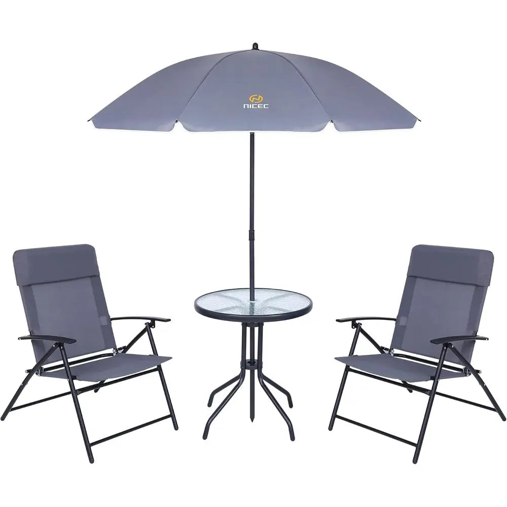 Outdoor Dining Set with Umbrella, 4-Piece Patio Furniture, Grey Glass Table & Folding Chairs