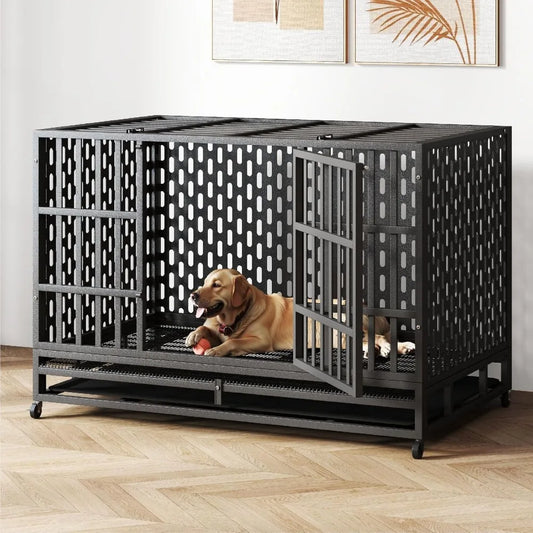 48/42 inch heavy duty indestructible dog crate steel escape proof, indoor double door high anxiety cage, kennel with wheels, rem