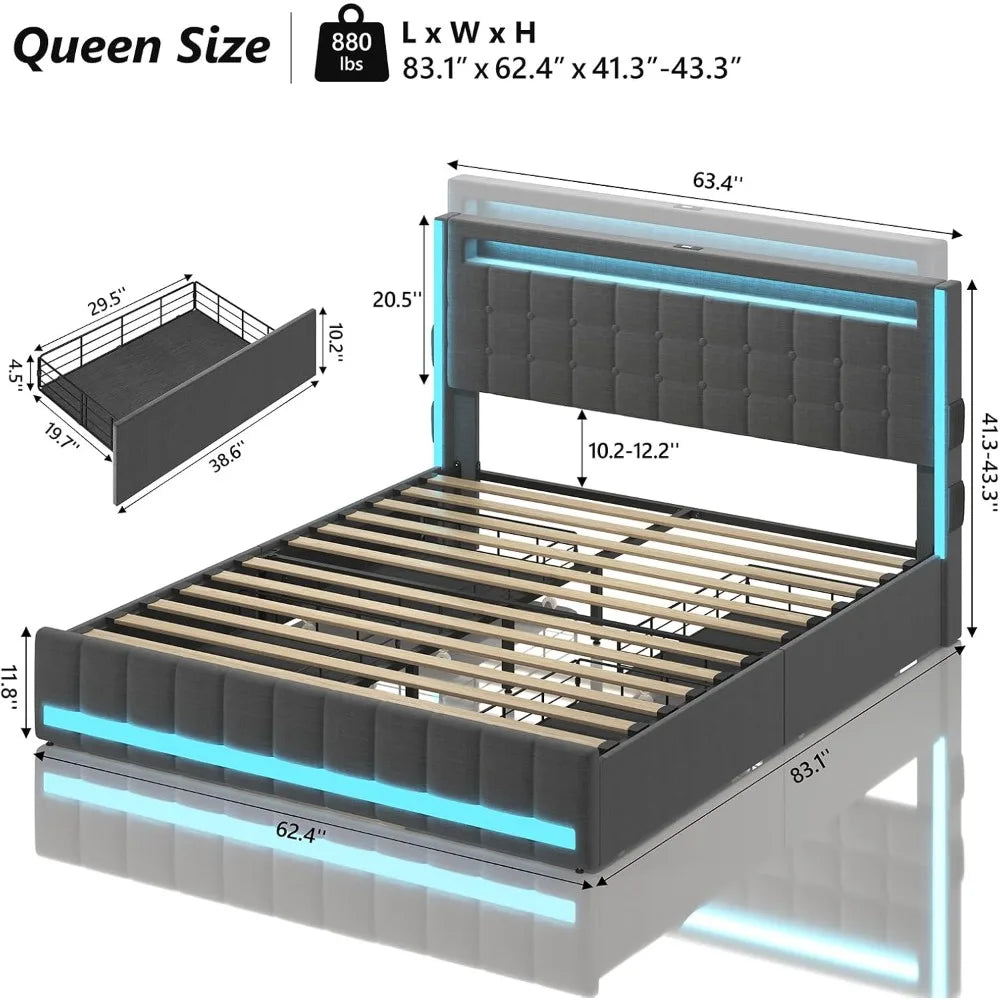 Queen Size Upholstered Platform Bed Frame with Storage Drawers, LED Lights, and Charging Station for Enhanced Convenience