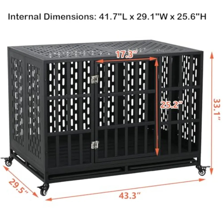 44 inch Heavy Duty Indestructible Dog Crate with Wheels and Trays for Large Medium Dogs High Anxiety Steel Kennel Strong Escape