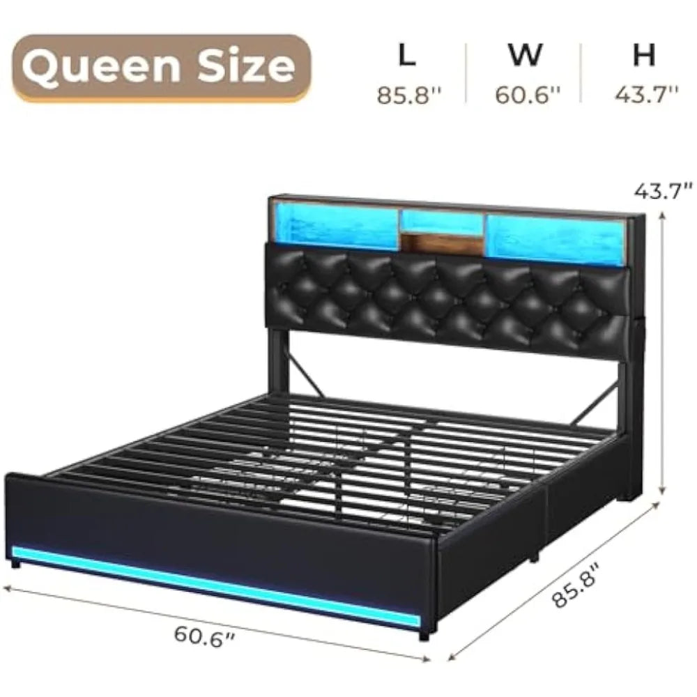 Queen Size Bed Frame with 3-Level Headboard, Storage and Upholstered LED Lighting, 4-Drawer Charging Station Included