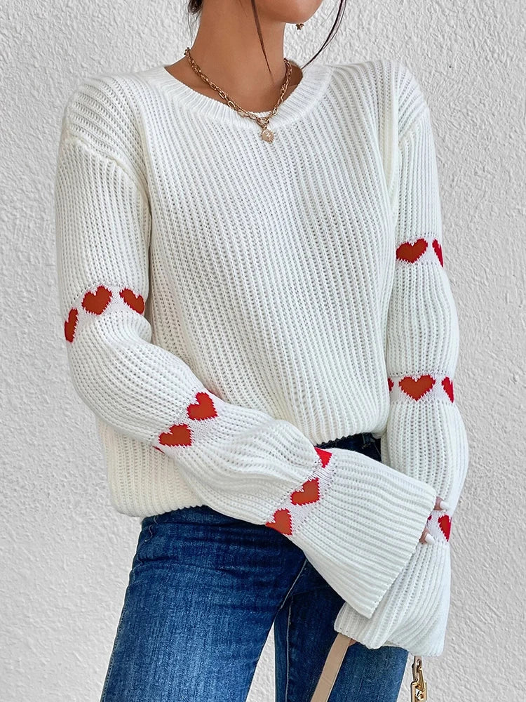 Fashionable and elegant sleeve small heart top women's knitted sweater round neck solid color