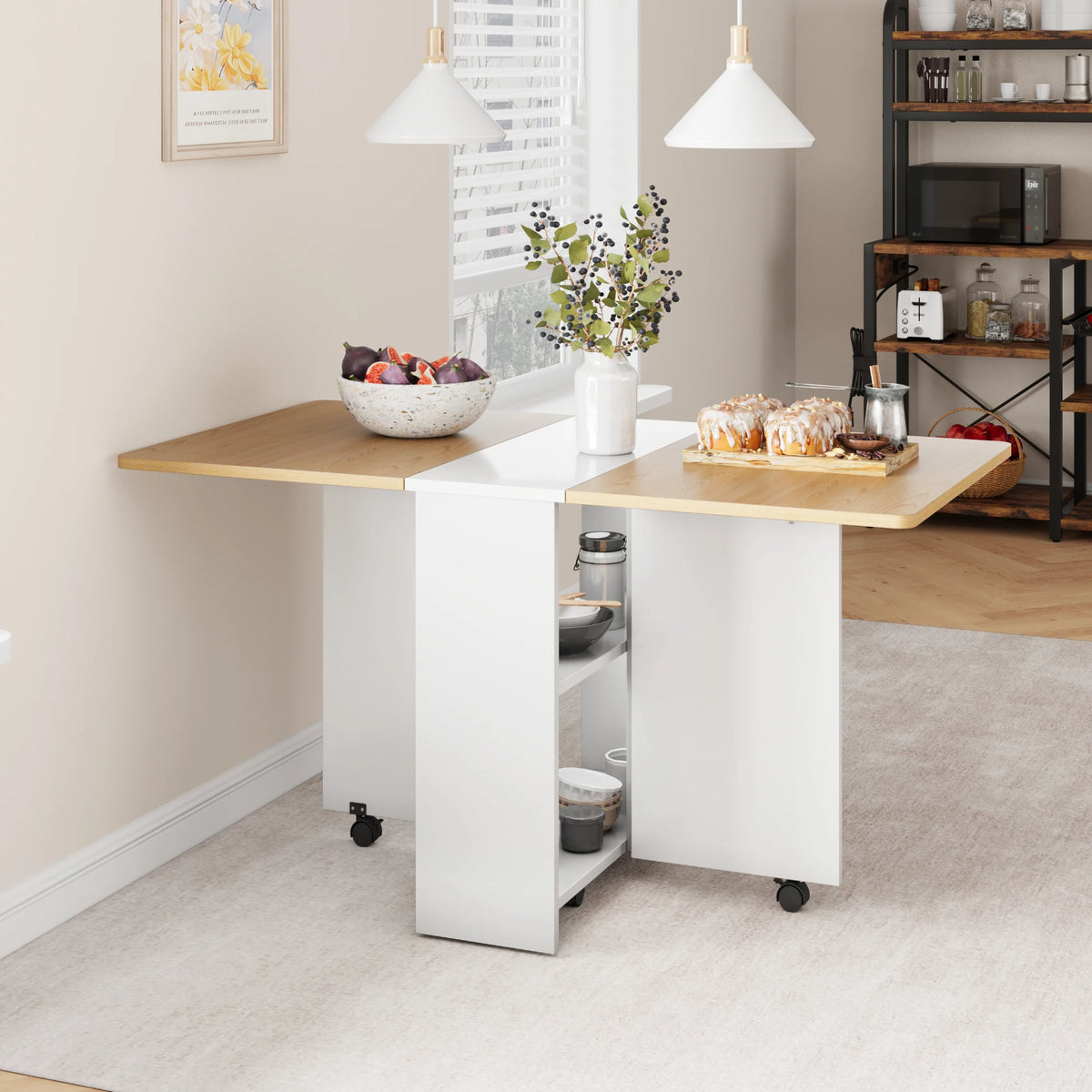 Folding Dining Table Drop Leaf Dining Table with 6 Wheels and 2-Layer Storage Shelf Space Saving Dining Table for Small Spaces