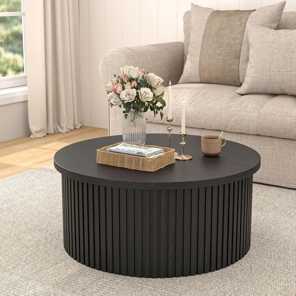 Contemporary 31.6 Inch Lift Top Coffee Table with Concealed Storage, Circular Wooden Fluted Center Table for Living Spaces