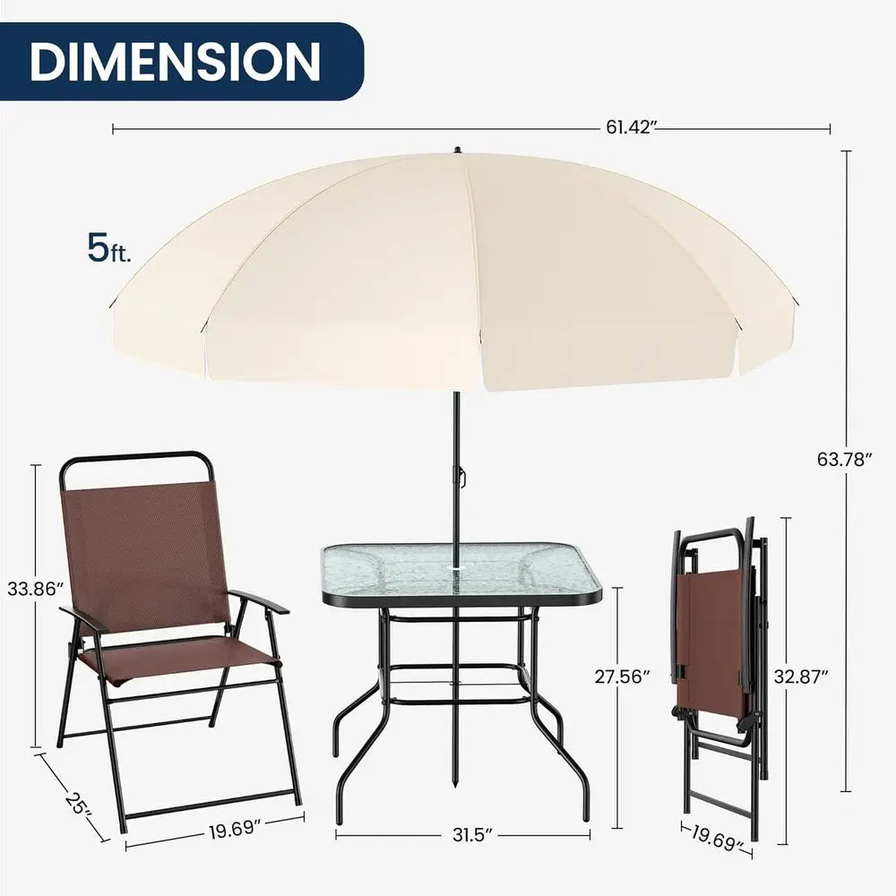 4-Person Outdoor Patio Furniture Set with Folding Chairs, Glass Table, and Umbrella for Lawn, Deck, Garden, Backyard - Brown