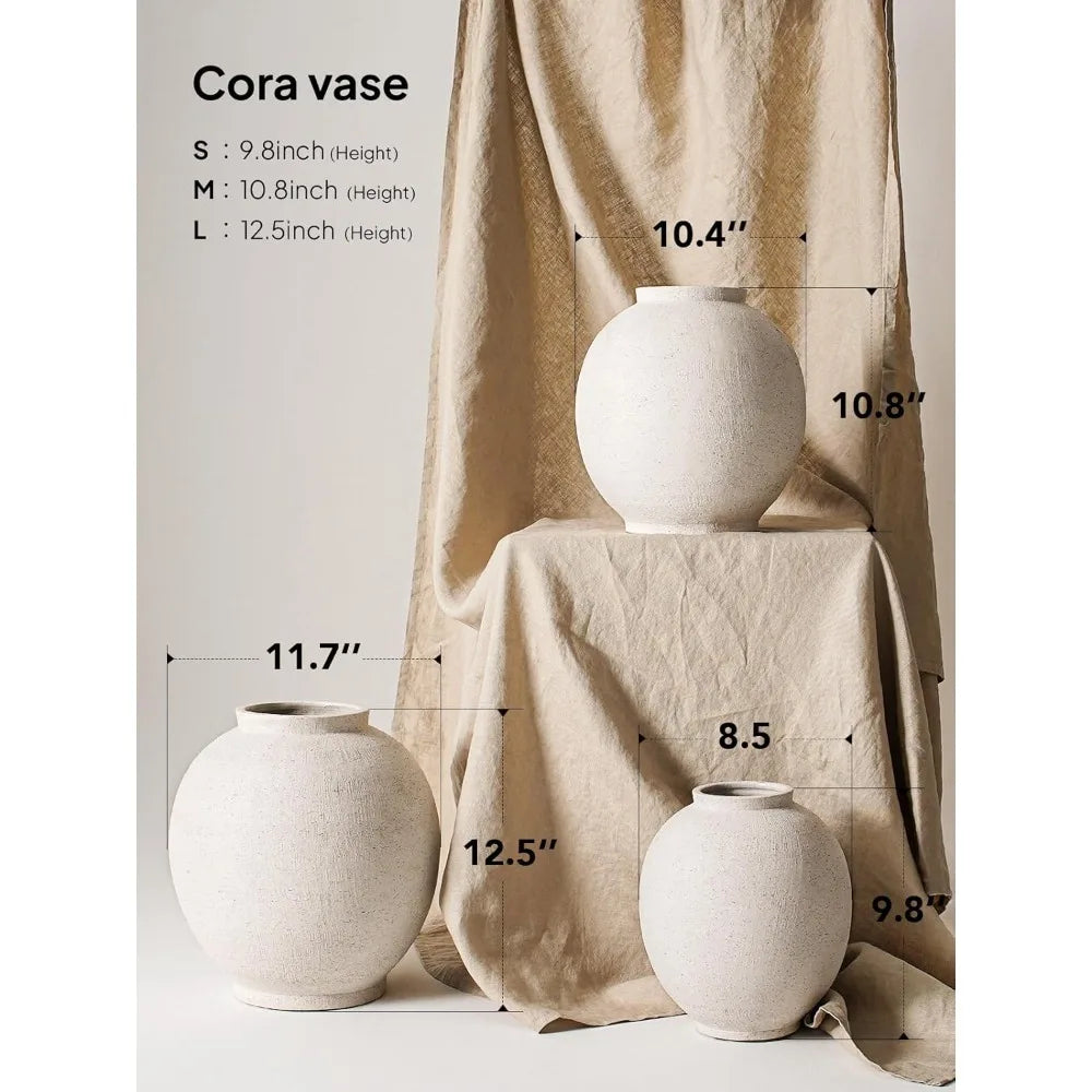 Large 12.5 Inch Round White Ceramic Floor Vase for Centerpieces, Farmhouse Rustic Minimalist Decor, Sandstone White Style