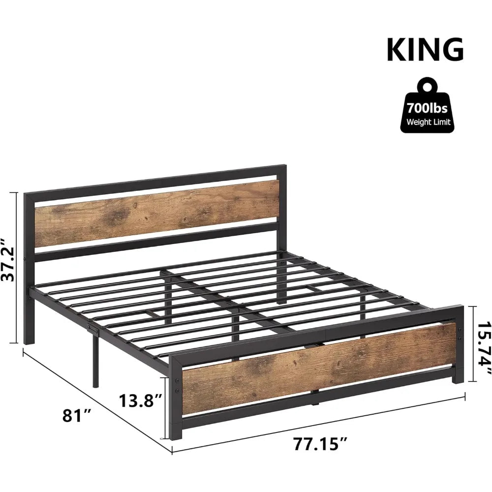 Industrial Style King Size Platform Bed Frame with Headboard, No Box Spring Needed, Easy Assembly for 14 Inch Mattress