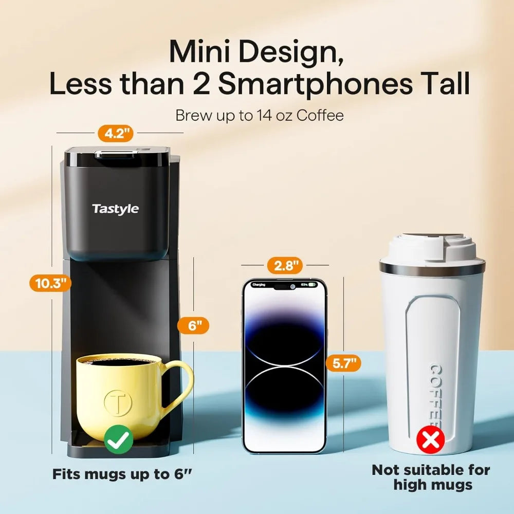 Mini Hot and Iced Coffee Maker Single Serve, for K Cup and Ground, 6 to 14 Oz Brew Sizes, with Recipe Book, for Home, Travel, RV