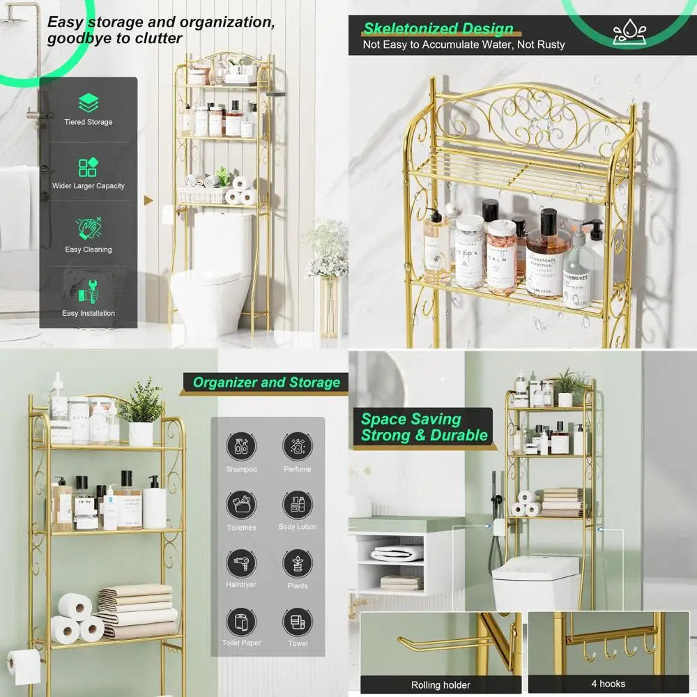 3-Tier Gold Toilet Storage Shelf, Freestanding Bathroom Organizer with Hooks, Space-Saving Over-the-Toilet Rack