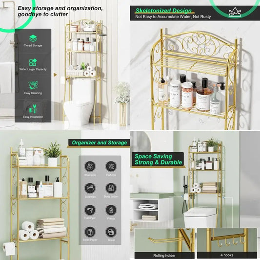 3-Tier Gold Toilet Storage Shelf, Freestanding Bathroom Organizer with Hooks, Space-Saving Over-the-Toilet Rack