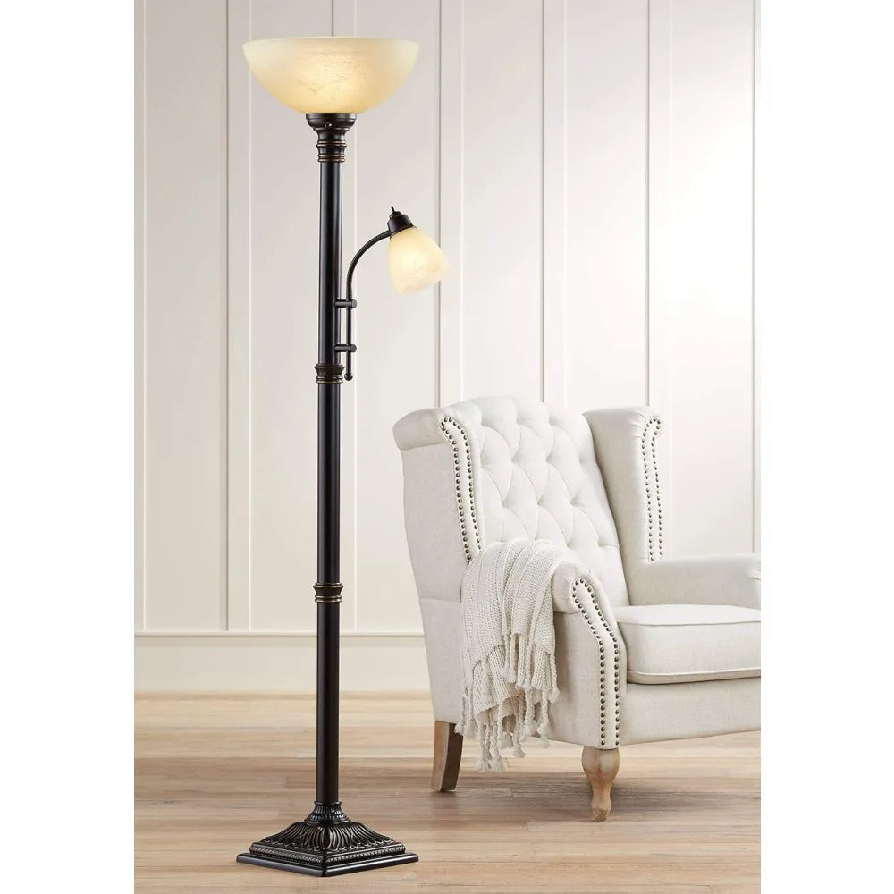 Traditional Torchiere Floor Lamp with Adjustable Gooseneck Arm, 72.5 Tall, Oiled Rubbed Bronze Finish, Amber Glass Shade