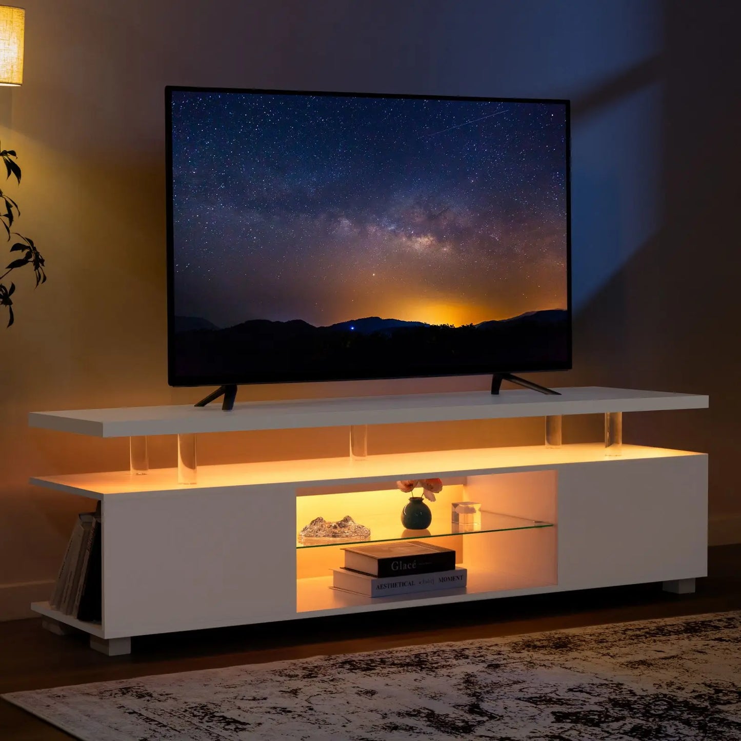 Cubehom LED TV Stand White Entertainment Center, Gaming Center for 60 65inch TV with Storage, TV Stands for Gaming Living