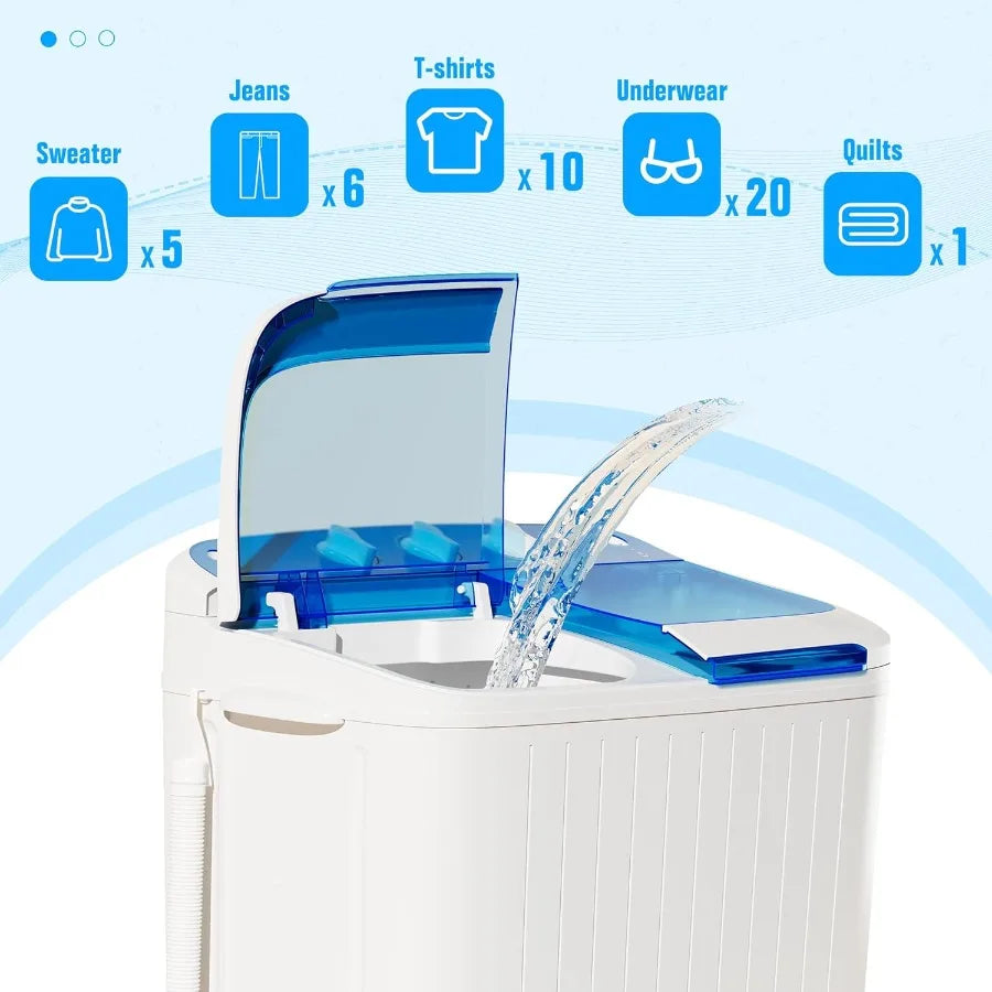 Portable Washing Machine with Longer Hose 16lbs Twin Tub Washer Mini Compact Laundry Washing Machine with Drain Pump Semiautoma