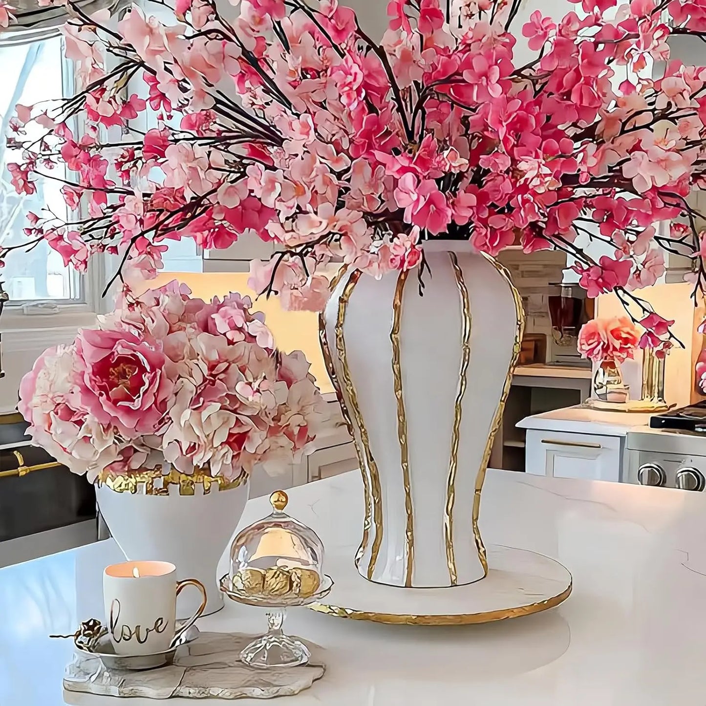 White and Gold Flower Vase,Large Decorative Ginger Jars for Centerpieces, Tabletop Home Décor, Bedroom,Living Room(A, 18in)