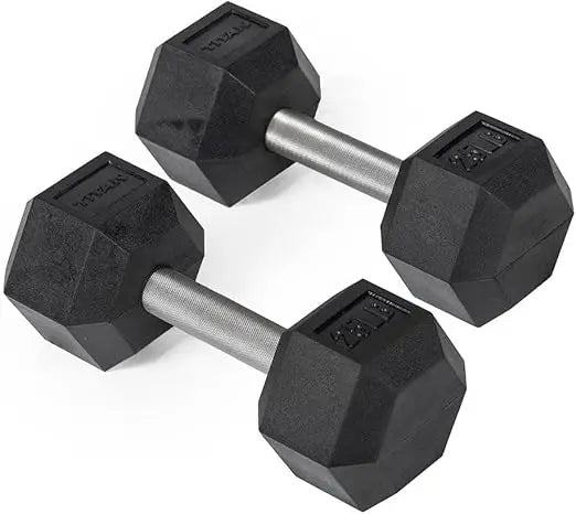 Titan Fitness 25 LB Pair Free Weights, Black Rubber Coated Hex Dumbbell, Straight Stainless Steel Handle, Strength Training, Ful
