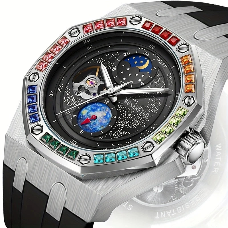 Men's Automatic Watch, Waterproof Watch, Rhinestone, Super Luminous Sun, Moon and Stars, Dial, Skeleton, Men's Gift Watch