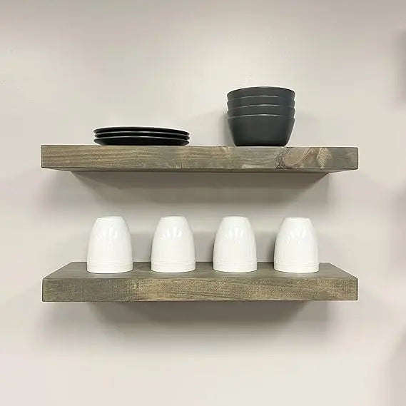 Solid Wood Heavy Duty Rustic Floating Shelves Set of 2 with Hidden Brackets, Wall Mounted, Grey, 12 Inches Wide x 6 Inches Deep,