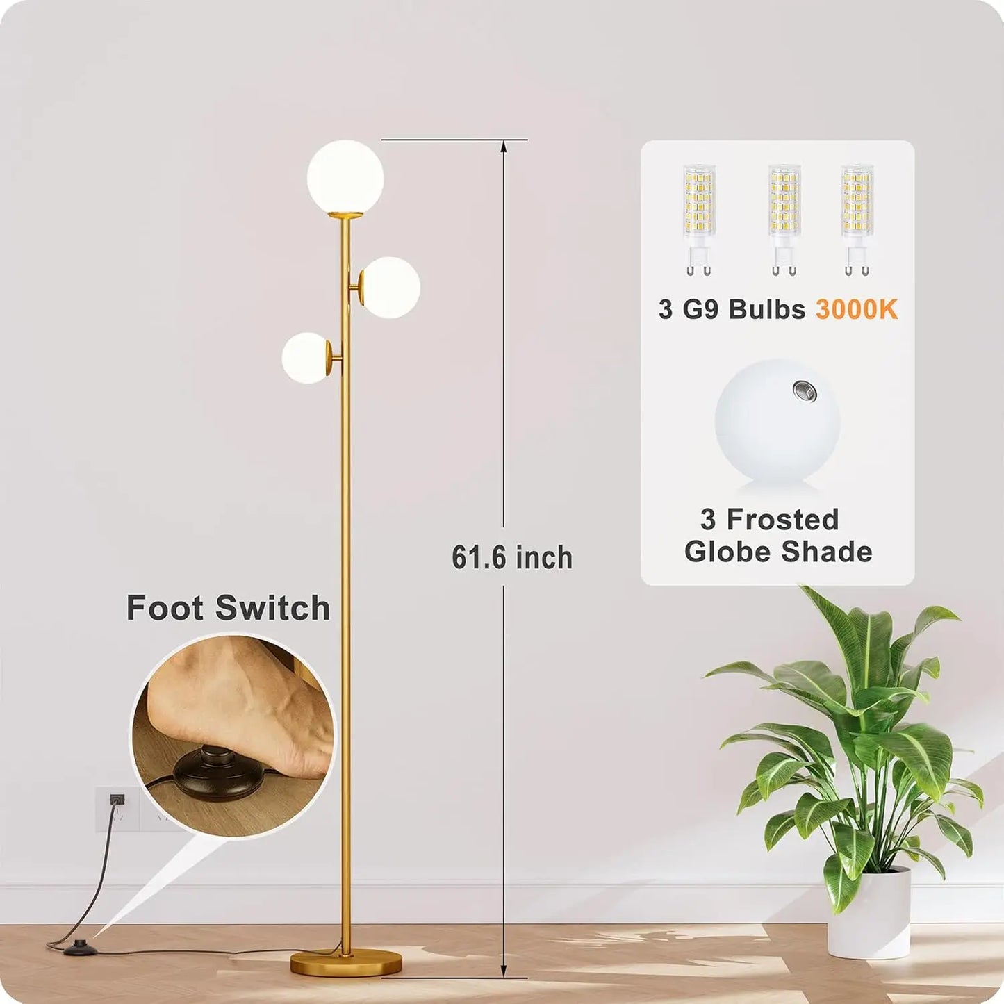 Floor Lamp with 3 Frosted Glass Shades, LED Floor Lamp for Living Room Bedroom Office, Gold with Foot Switch