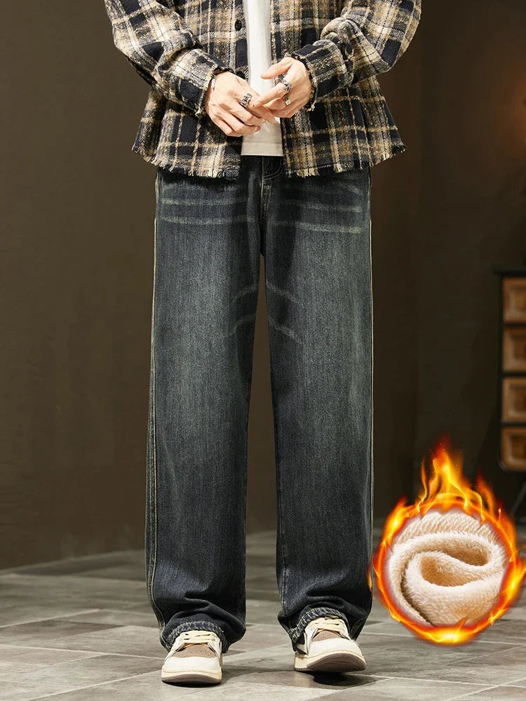 Winter Warm Fleece Jeans Men's Thickened Loose Wide-leg Denim Pants Vintage Wash Casual Straight Velvet Trousers Streetwear