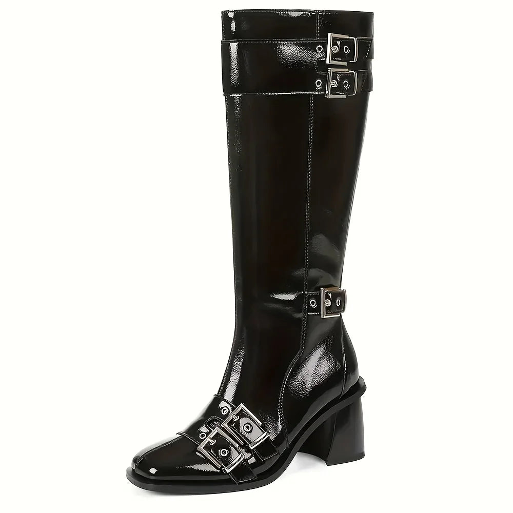 Women'S Motorcycle Knee High Boots Square Toe Chunky Heel Side Zipper Metal Buckle Strap Fashion Punk Dress Fall Winter Shoes