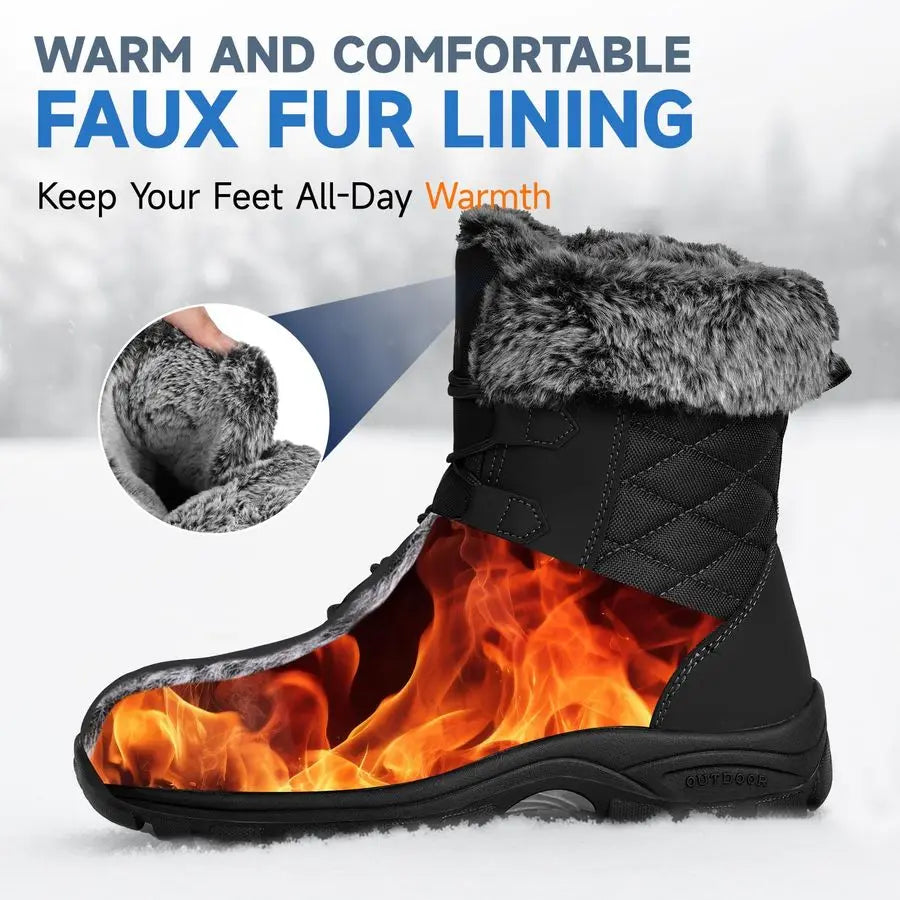 Winter Work Boots for Women Non Slip Warm Insulated Snow Boots Comfortable Faux Fur Mid Calf Safety Toe Furry Snow Shoes
