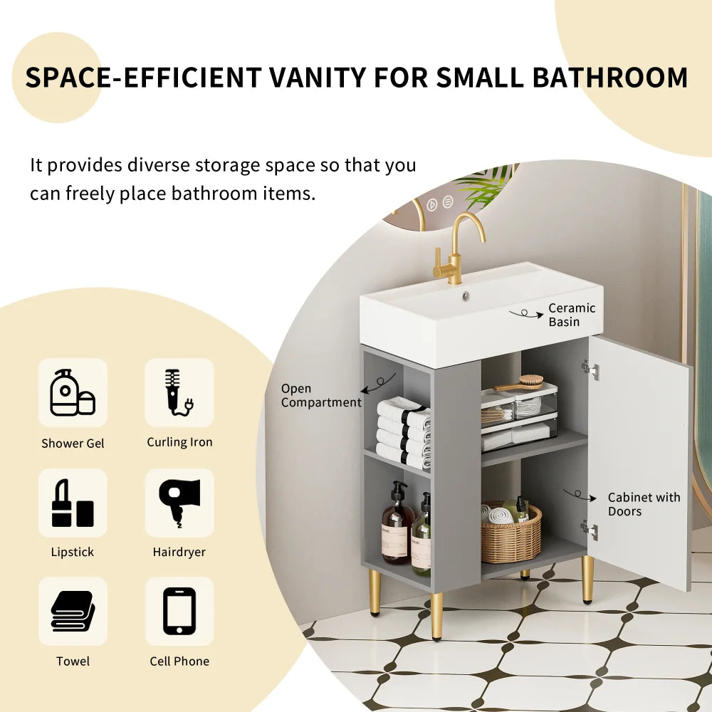 21.6" Open-shelving Bathroom Vanity with Ceramic Sink and Soft-Closing Door, Cloakroom Open Shelf Storage Cabinet on the Left