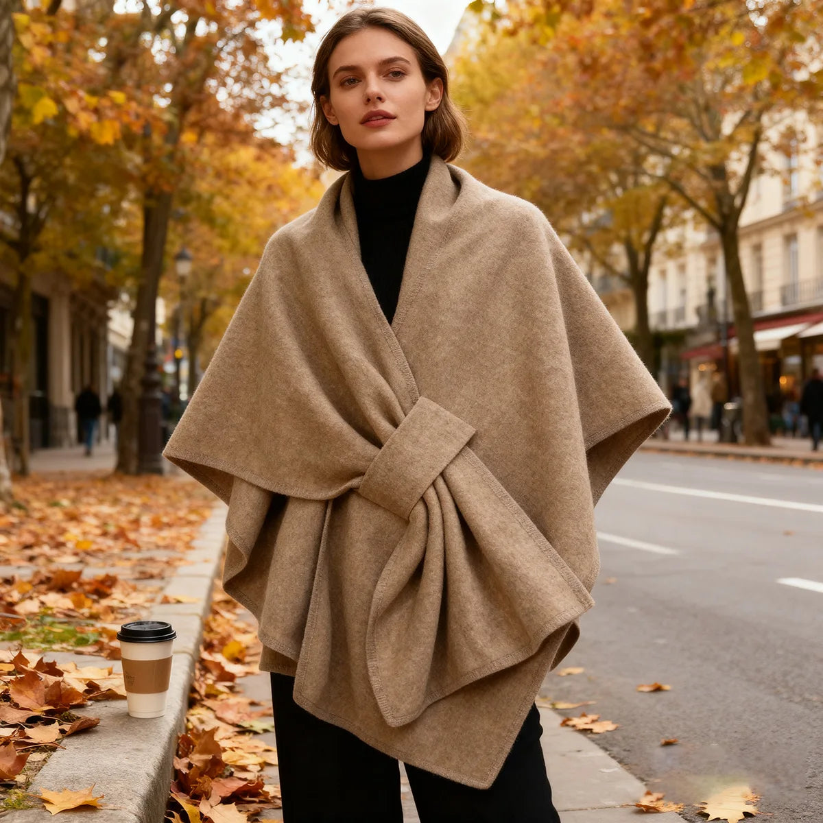 Women's Warm Shawl Wrap Solid Color Half Sleeve Poncho Women Faux Knitted Wool Cardigan Coat Ladies Elegant Loose Cape Shawl