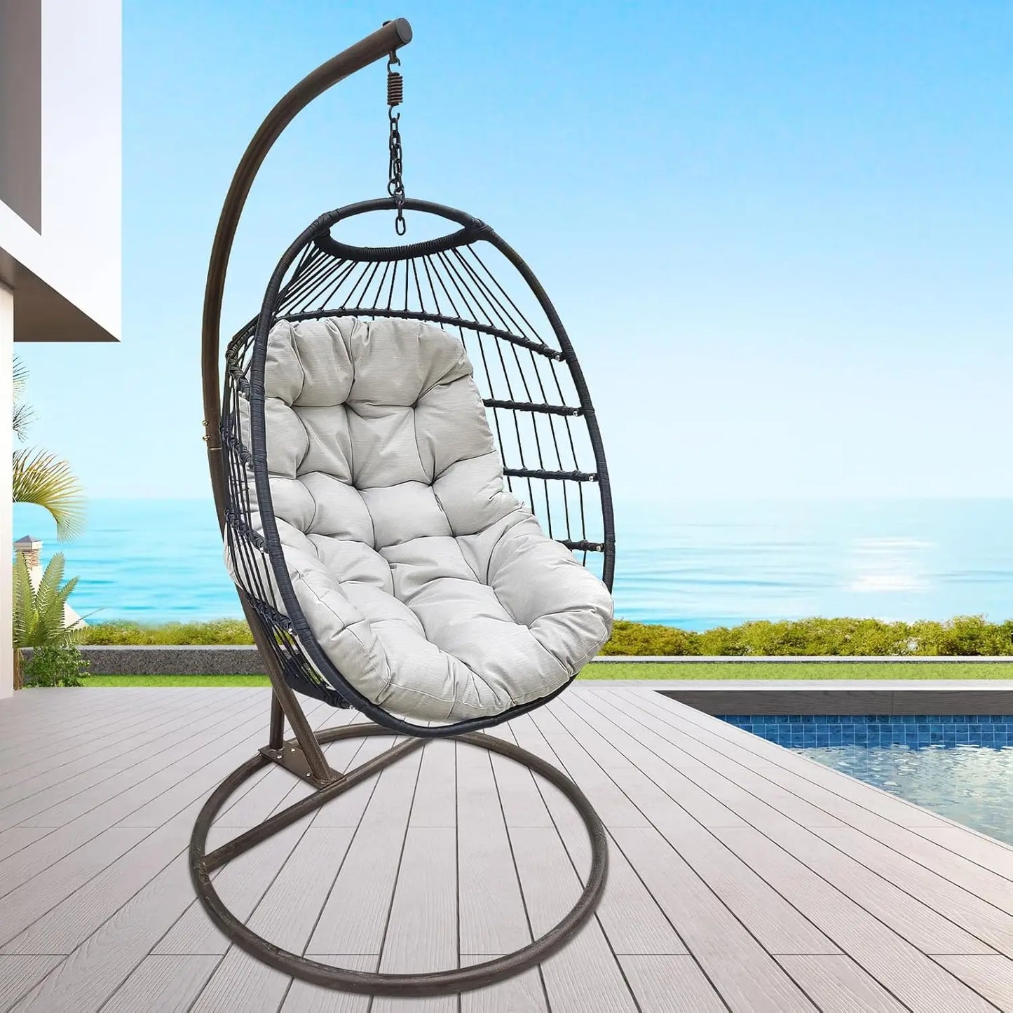 Hanging Egg Chair with Stand, Wicker Hammock Chair, Patio Swing, Foldable Basket, 350lbs Capacity for Indoor/Outdoor, Patio, Dec
