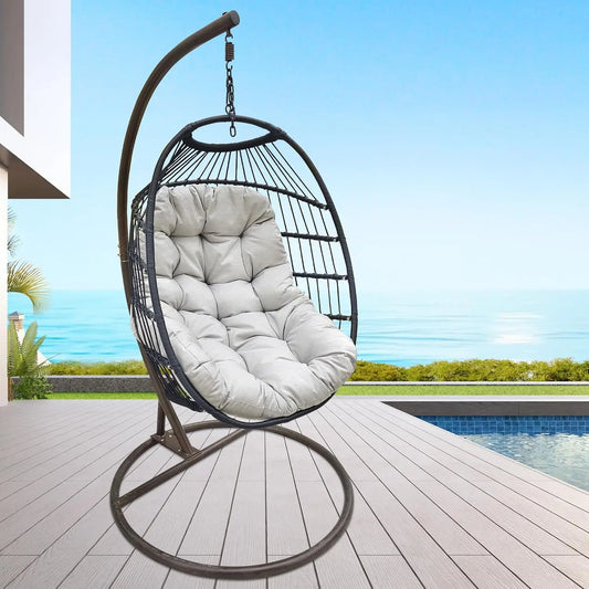 Hanging Egg Chair with Stand, Wicker Hammock Chair, Patio Swing, Foldable Basket, 350lbs Capacity for Indoor/Outdoor, Patio, Dec
