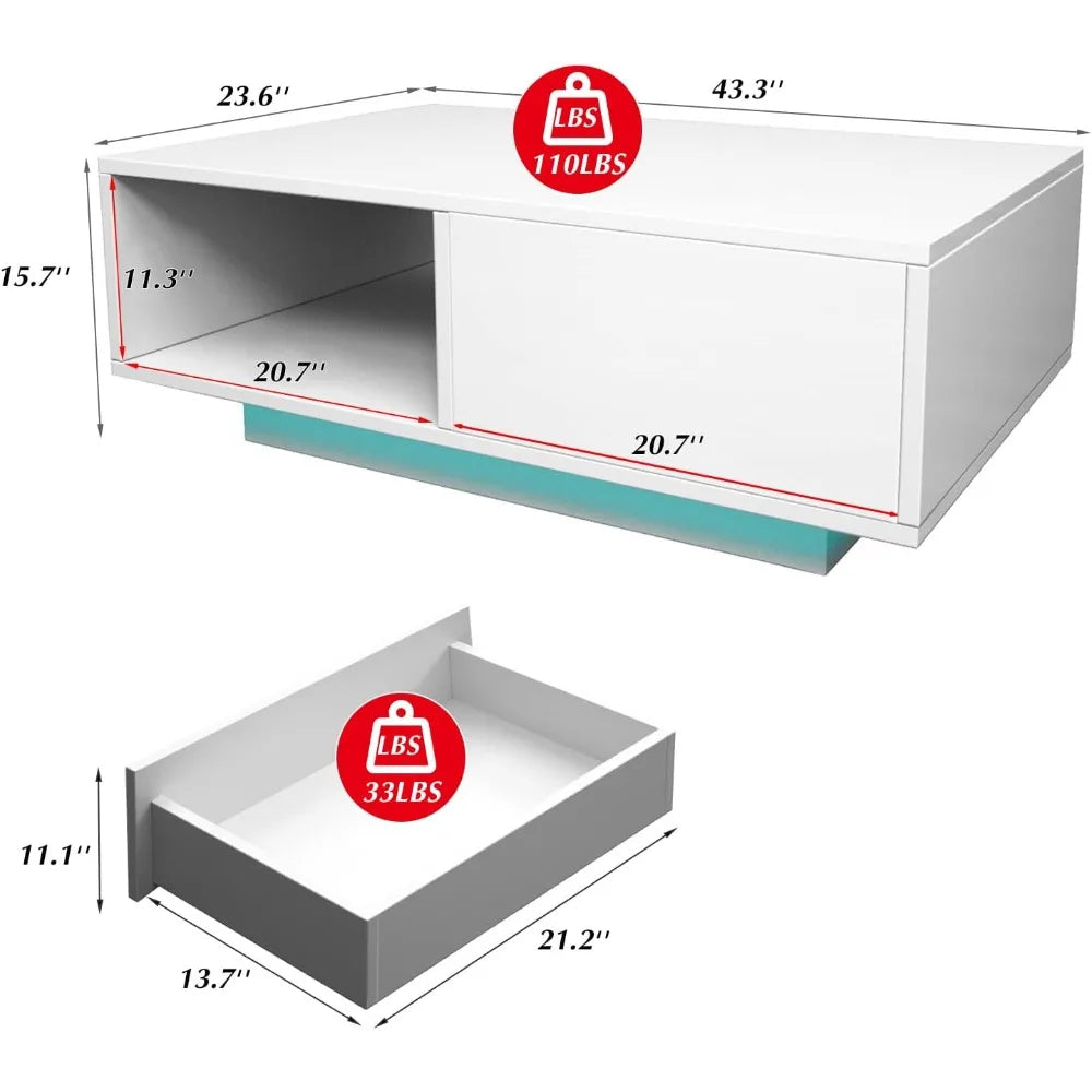 Modern White LED Coffee Tables for Living Room with Drawer & 16-Color LED Lights, Rectangle Living Room Sofa Table with Ample S
