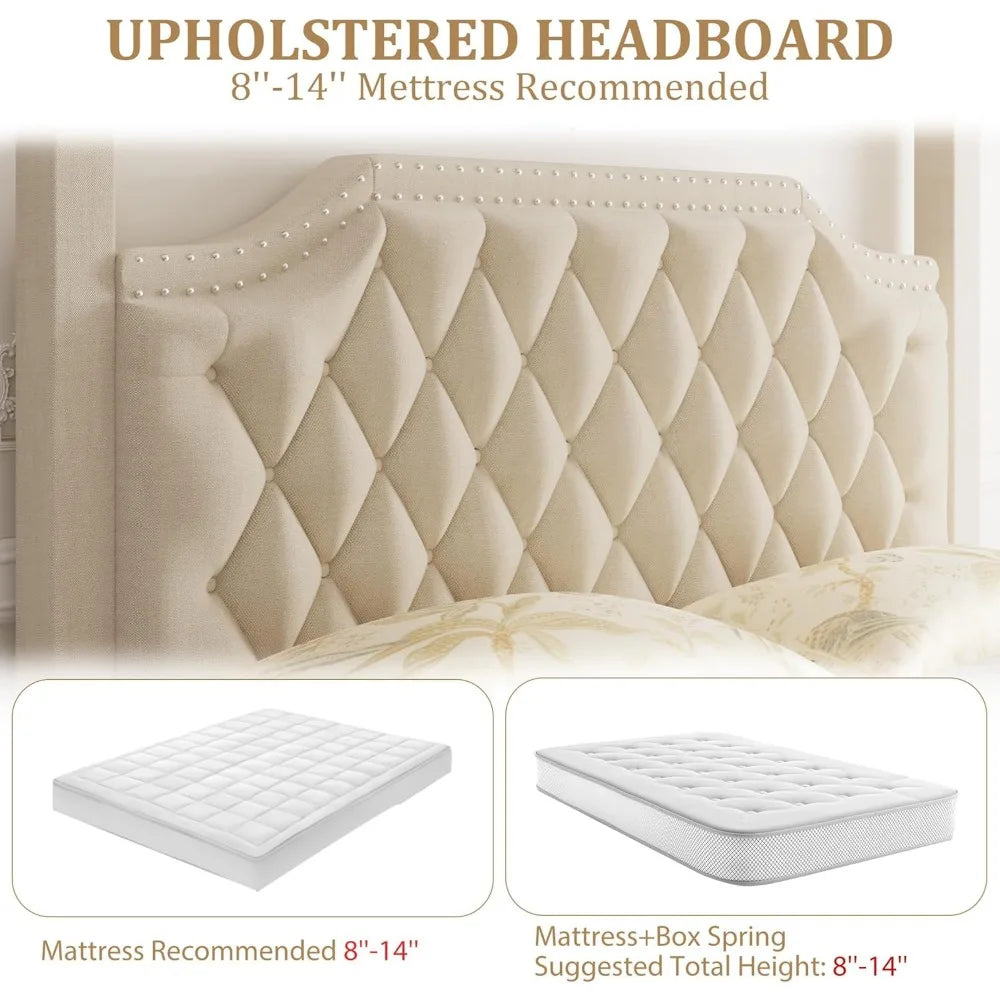 Queen Size Upholstered Button Tufted Canopy Bed Frame with Headboard, Nailhead Trim, No Box Spring Needed