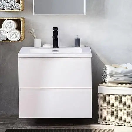 24" Wall Mounted Bathroom Vanity with Sink Grey Floating Vanity Two Drawers Bathroom Cabinet with White Ceramic Integrated Sink