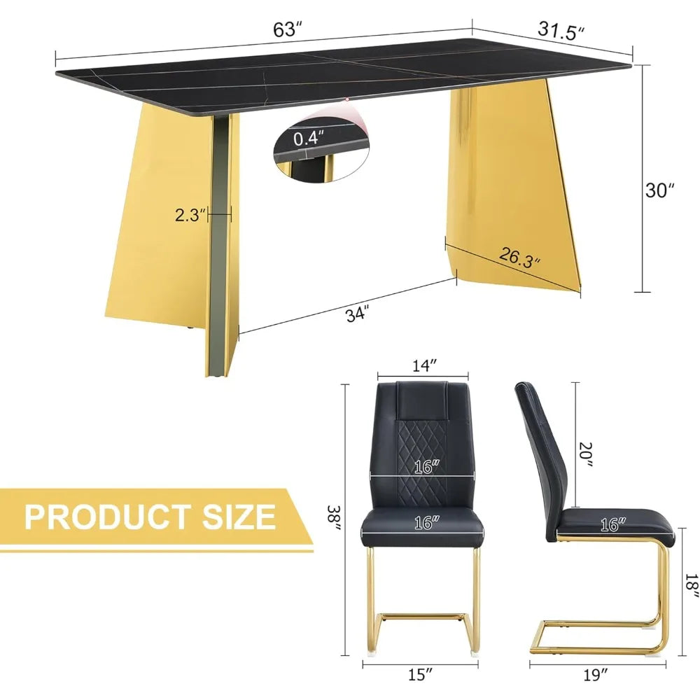 7 Pieces Dining Table Set,63" Marble Kitchen Room Table with 6 Black Chairs,Rectangle Sintered Stone Top with Gold Legs