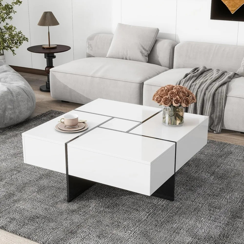 Coffee Table, Modern Extendable Coffee Table with 4 Hidden Storage Compartments, UV High-Gloss Square Center Cocktail Table wit