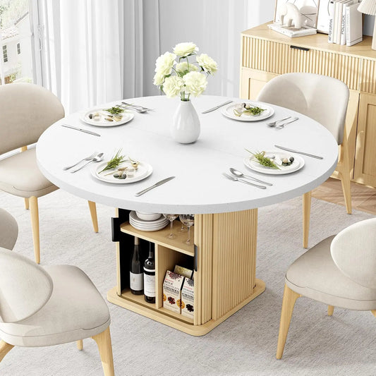 IRONCK Round Dining Table for 4, 47 inch Modern Farmhouse Kitchen Table with Storage Shelf and Wood Slide Doors for  Kitchen