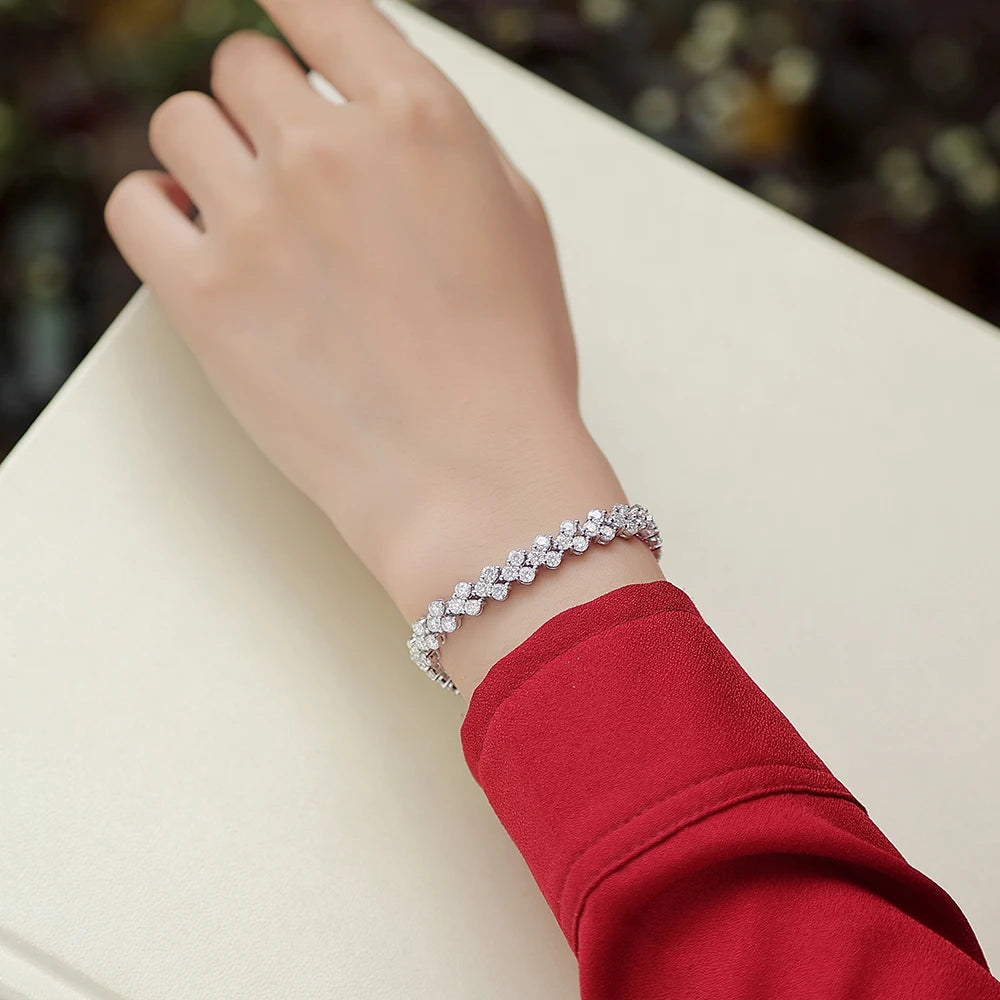 JIUZUAN Moissanite Flower Tennis Bracelet 925 Sterling Silver 18K Gold Plated Elegant Gift for Birthday Holiday Women