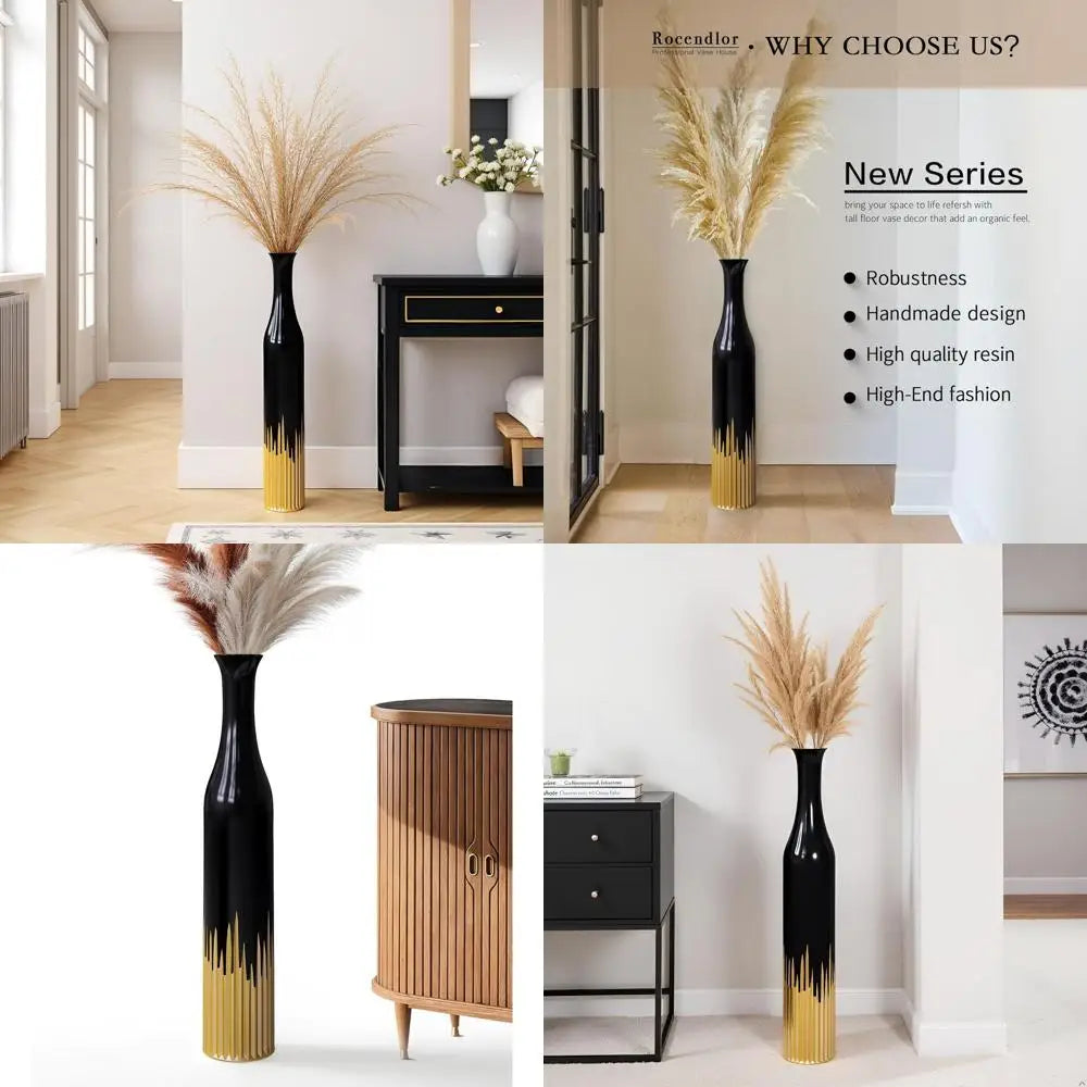 Black Tall Cylindrical Decorative Floor Vase with Gold Tooth Design for Home Living Room Entryway Wedding Resin Vases