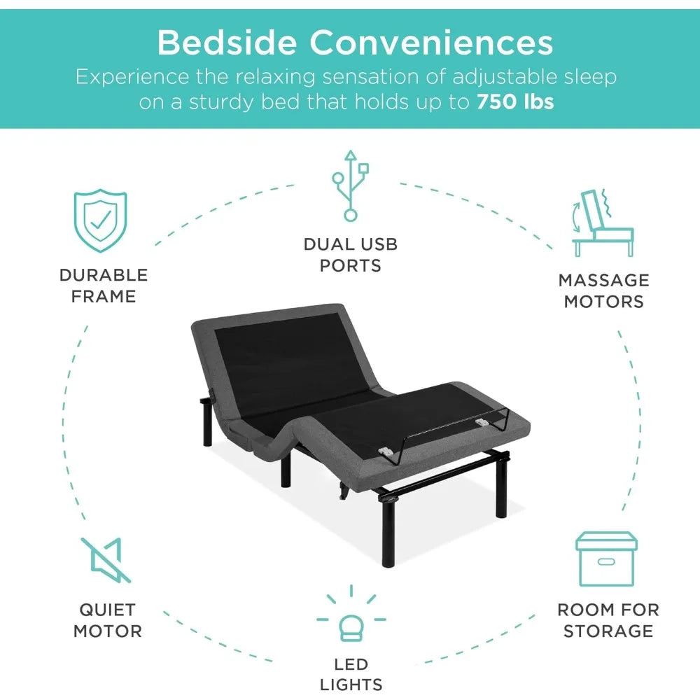 Ergonomic Twin XL Adjustable Bed Frame with Electric Base, Wireless Remote, Nightlight, and Massager Features