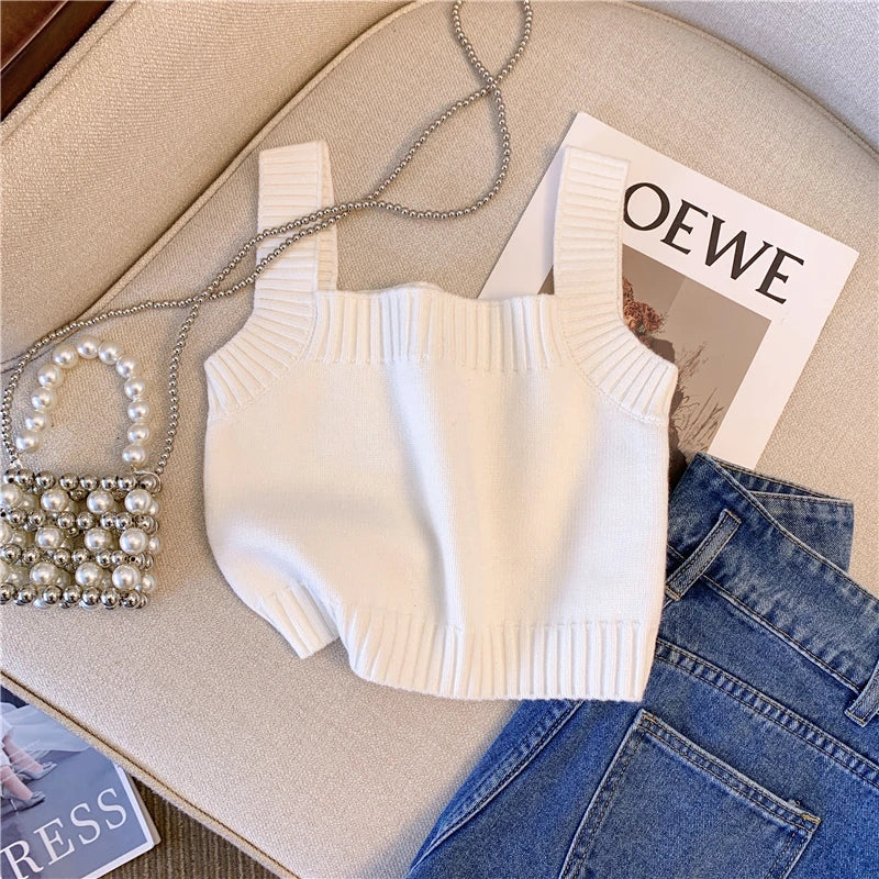 Women Clothing White Three-dimensional Bear Knitted Tanks Tops Ummer Short Suspender Top Sleeveless Camisole T-shirt